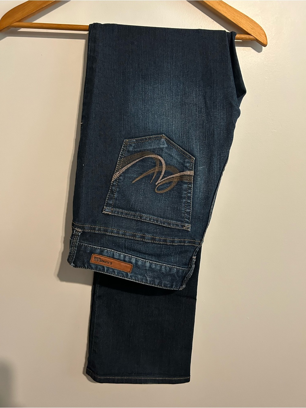 Express Women's Dark Blue Bootcut Jeans with Embroidered Pocket